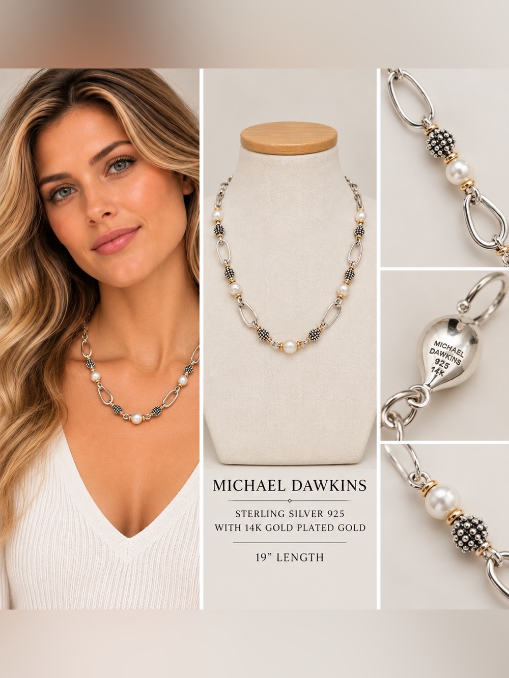 Michael Dawkins Silver, Gold & White Pearl Necklace